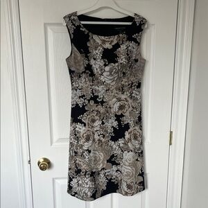 Connected Apparel Black and Cream Floral Midi Dress